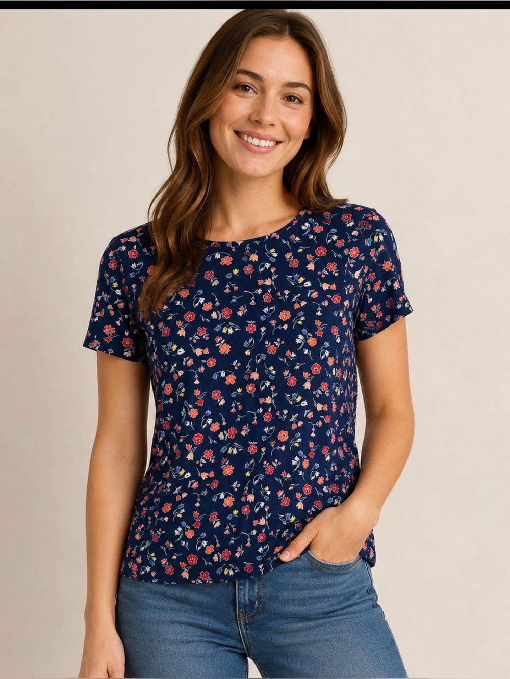 croft & barrow Navy Floral Crewneck Short Sleeve Tee Size XS